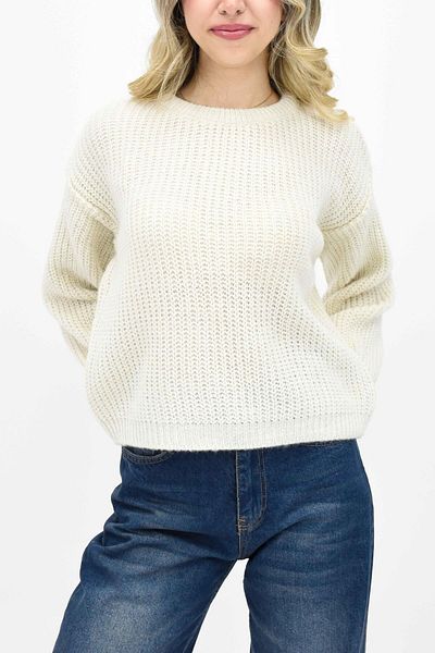 birizmoda Pulover tricotat cu gât de culoare crem