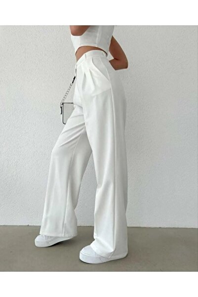 modazoom Жіночі білі брюки палаццо з високою талією