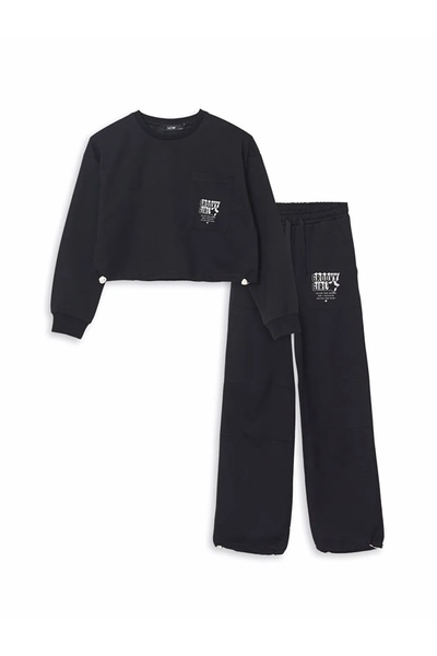 LC Waikiki Kids Black Crew Neck Printed Girls' Tracksuit Set