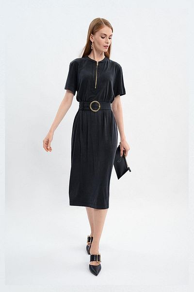 Escada Sport Belted Short Sleeve Midi Length Black Dress