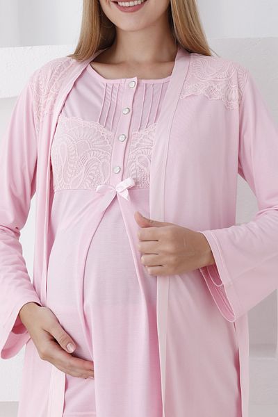 ERDENİZ TEKSTİL Long Sleeve Maternity Pajamas with Buttons and Belt and Dressing Gown Set Slippers and Crown Gift