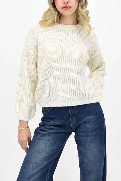 birizmoda Pulover tricotat cu gât de culoare crem
