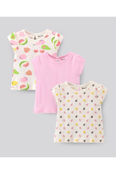 Bonfino مجموعة من 3 قمصان قصيرة الأكمام من القطن بطبعة فاكهة ونمط سادة - وردي...