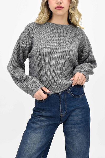 birizmoda Pulover tricotat gri cu gât crew