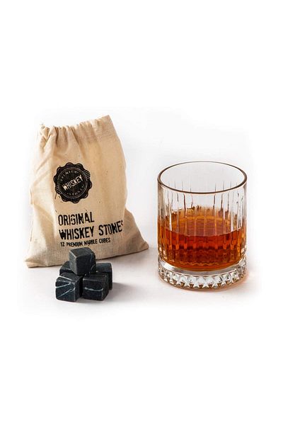 Hediyesepeti Großes Glas und 12 Marmor-Whiskey-Steine – Exklusives Whisky-Geschenkset mit Samtbeutel, Geschenk für Väter