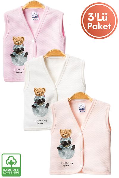 Miniel Unisex Baby Space Teddy Bear Printed Organic Cotton 3-6-9 Months 3-Piece Quilted Baby Vest Set