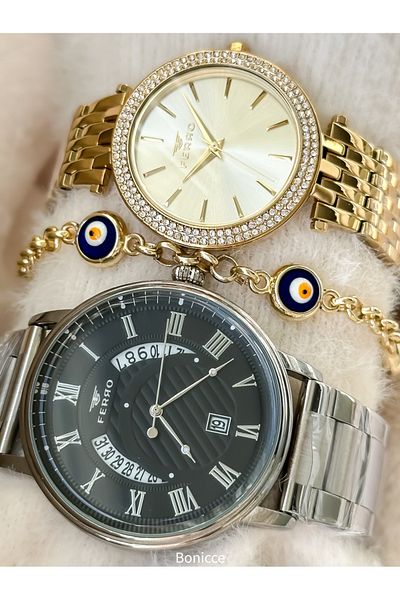 FERRO Brand Silver Color Steel Cord Lover Couple with Calendar Wristwatches+Bracelet