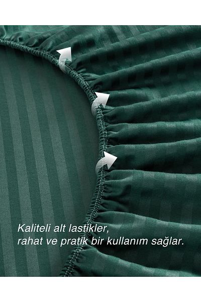 MODELHOME Emerald Green Colored Double Cotton Striped Satin Elastic Sheet Set