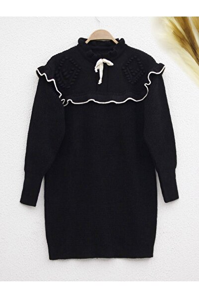 Modamorfo Yakası Bağcıklı Önü Fırfırlı Triko Kazak -Siyah