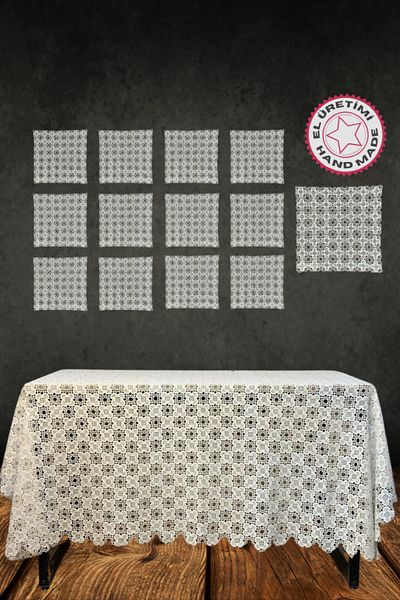 Uretti Sariye 4648 - Set of 12 Person Lace Mesh Table, 6 Napkins and 1 Square Cover