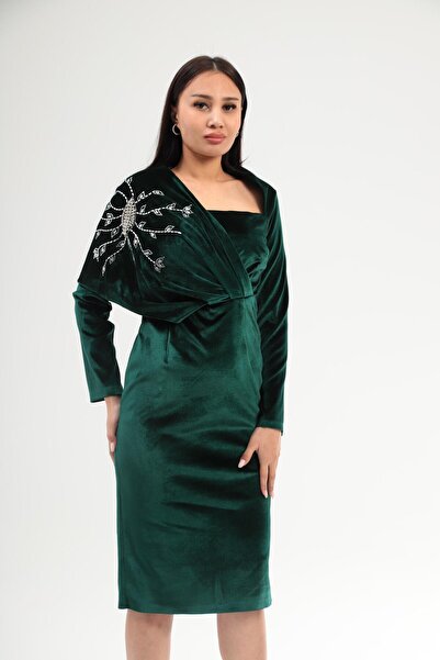 Aperla Βραδινό φόρεμα με μακρυμάνικο πέτρινο κεντημένο μίντι μήκους βελούδο