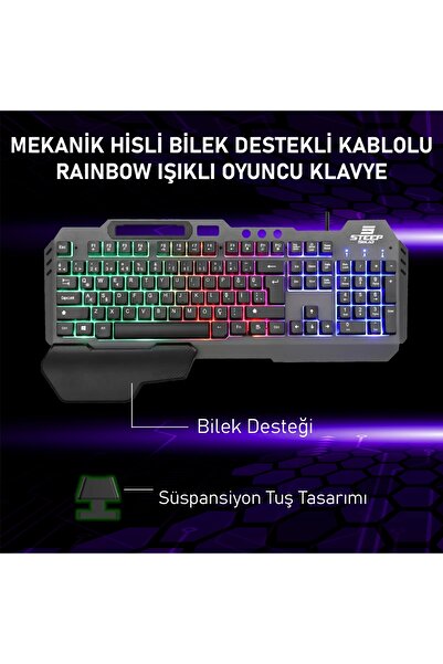 Steep Solid ST-K700 Mekanik Hisli Bilek Destekli Kablolu Rainbow Işıklı Oyunc...