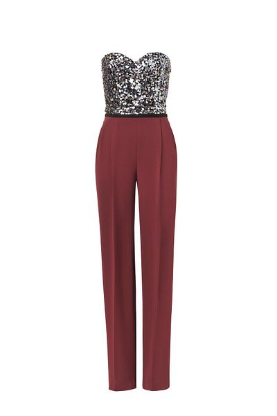 Escada Strapless Sequin Sequin Detailed Pocket Burgundy Evening Dress Jumpsuit