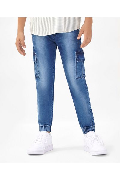 Primo Gino Cotton Full Length Cargo Fit Washed Denim Joggers Solid Colour - Blue