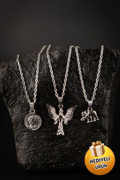 Piercing Market Steel & Silver Set of 3 Combination Necklace, Medallion, Michael Angel and Elephant Special Design Gift Necklace Set