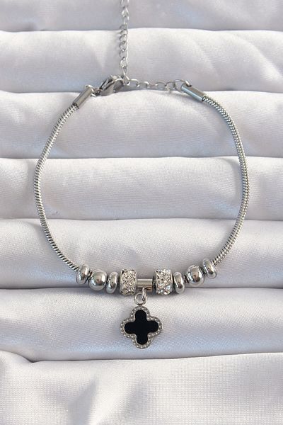 Skygo Black Enamel Zircon Cubic Zirconia Clover Bracelet - 316l Steel Silver Color, Accessory - Tj-bb6230