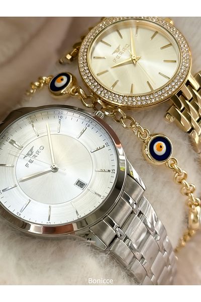 FERRO Brand Silver Yellow Color Steel Band with Calendar Lover Couple Watch+Bracelet