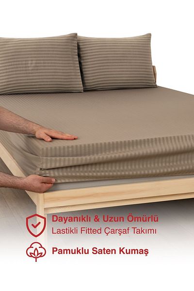 MODELHOME Milky Brown Colored Double Cotton Striped Satin Elastic Sheet Set