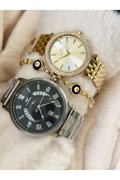 FERRO Brand Silver Color Steel Cord Lover Couple with Calendar Wristwatches+Bracelet