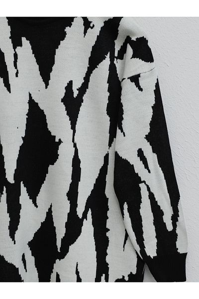 Modamorfo Crew Neck Patterned Knitwear Tunic - Black