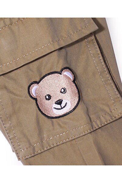 Bonfino 100% Cotton Woven Full Length Joggers With Bear Embroidery On Cargo Pockets - Beige