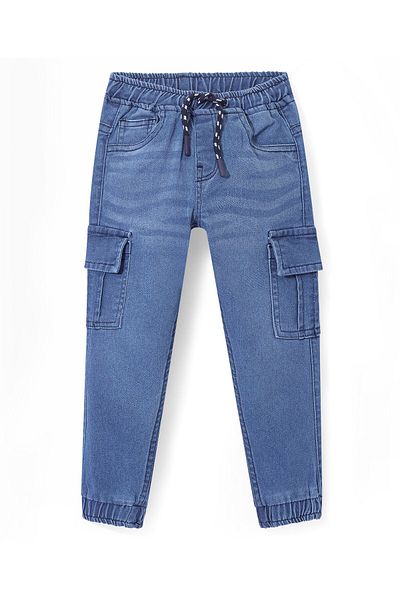 Babyhug Denim Full Length Washed Stretchable Joggers with Cargo Pockets - Blue