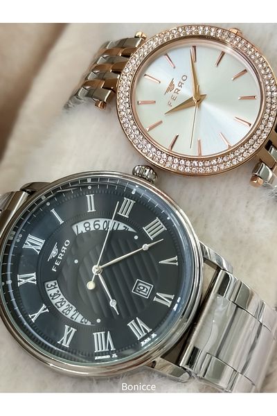 FERRO Brand Silver Color Steel Cord Lover Couple with Calendar Wristwatches+Bracelet