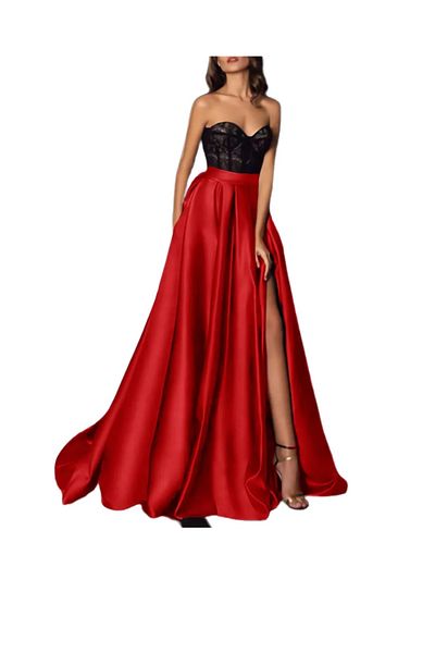 NSMLİFE Women's Elegant Red Slit Detailed Satin A-line Pleated Skirt