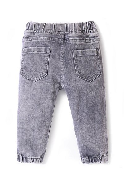 Bonfino Woven Full Length Denim Washed Jogger with Dino Embroidery - Grey