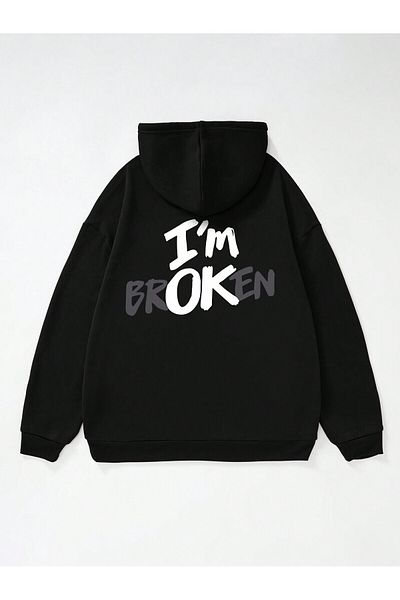 Pink Sky Είμαι εντάξει - I Broken Μαύρο φούτερ με κουκούλα Oversize Hoodie