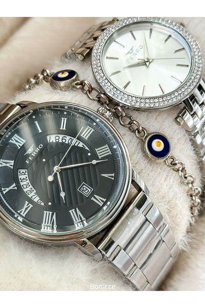 FERRO Brand Silver Color Steel Cord Lover Couple with Calendar Wristwatches+Bracelet