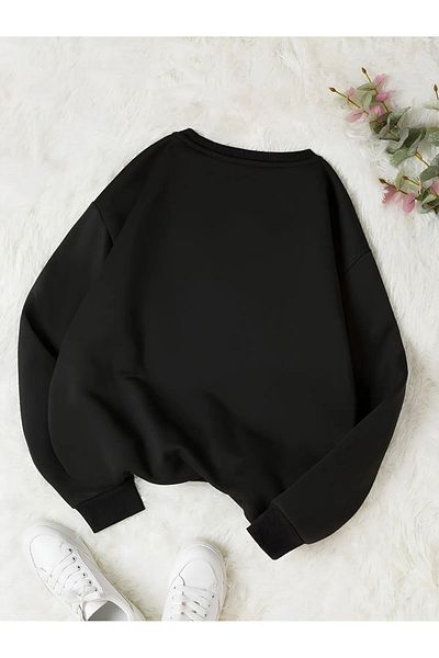 Pink Sky Women's Black Cat Printed Cotton Crew Neck Sweatshirt