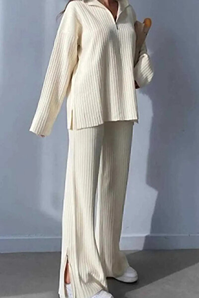 Trade Bazaar Guler cu nervuri pentru femei, fante pentru picioare cu fermoar, costum de tricotaj cu fermoar lateral