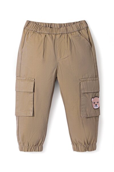 Bonfino 100% Cotton Woven Full Length Joggers With Bear Embroidery On Cargo Pockets - Beige