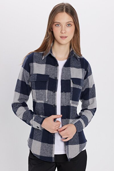 Tudors Unisex Slim Fit Dar Kesim Oduncu Çift Cep Kapaklı Kareli Kışlık Gömlek