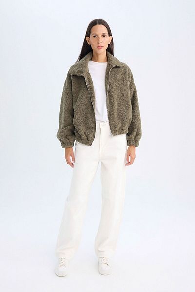DeFacto Polo Neck Oversize Cardigan - Welsoft Plush, Zip C8229Ax24Wn