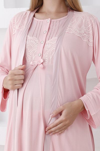 ERDENİZ TEKSTİL Buttoned Belted Pajamas Long Sleeve Maternity and Dressing Gown Suit Crown Gift