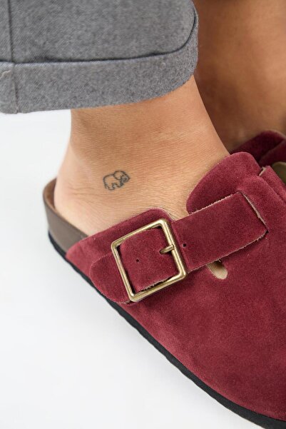 Manijero Zeta 2 Women's Genuine Leather Belted Buckle Sabo Claret Red Slippers