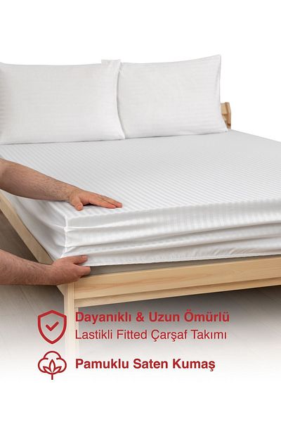 MODELHOME Set de cearșafuri de pat din satin cu dungi din bumbac, de culoare albă, dublu