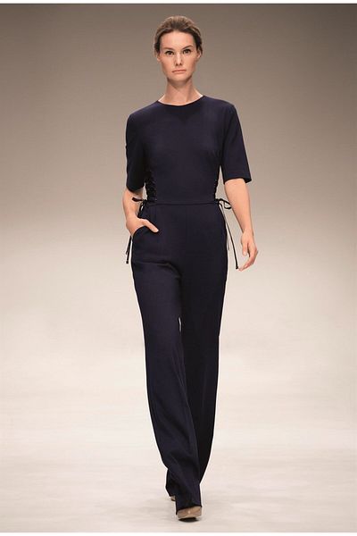 Escada Waist Lace Detailed Pocket Half Sleeve Navy Blue Jumpsuit
