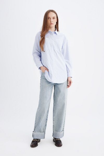 DeFacto Relax Fit gestreifte Popeline-Langarmshirt-Tunika B6879AX24AU