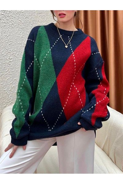 Modamorfo Dicker, weicher Pullover mit Rautenmuster – Marineblau