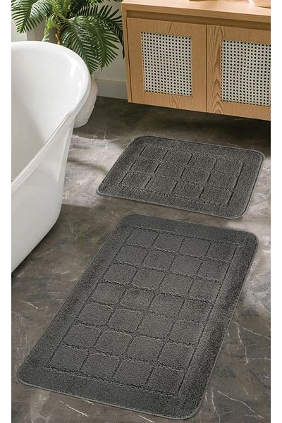 KONFOR Non-Slip Bathroom Mat Set – Durable, Soft-Textured, Water Absorbent, Washable Checkered Patt