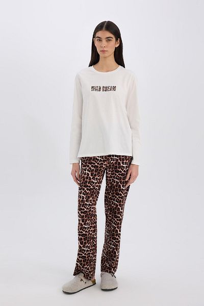 DeFacto Set pijamale cu mâneci lungi cu imprimeu elastic și leopard - Fund lung cu talie E2894ax24au