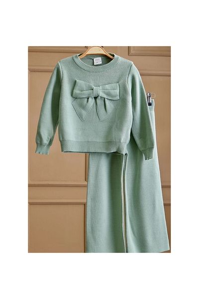CİCHLİD Girl's Bow Detailed Green Knitwear Set