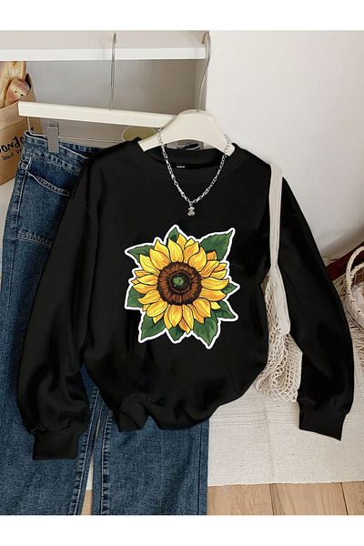 Pink Sky Black Sunflower Printed Oversize Hooded Hoodie
