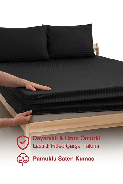 MODELHOME Black, Double Cotton Striped Satin Elastic Sheet Set