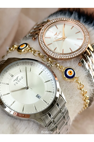 FERRO Brand Silver Rose Color Steel Band with Calendar Lover Couple Watch+Bracelet