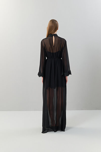 Roman Dantel Detaylı İspanyol Kol Şifon Elbise Siyah K2511319_001