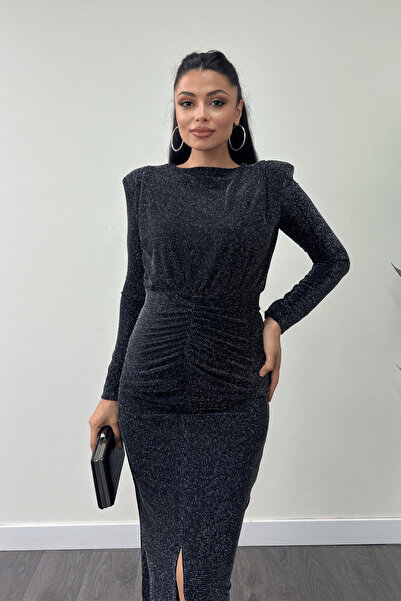 giyimmasalı Jarse Payetli Kumaş Büzgü Detaylı Kalem Elbise - GÜMÜŞ